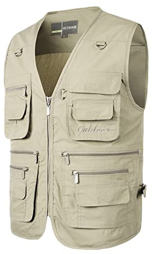 Yukirtiq Herren Anglerweste Outdoor Weste mit Vielen Taschen Schnelltrocknend Sommerweste Funktionsweste Jagdweste Safari Fotografie Hundesport Weste, Beige, XL