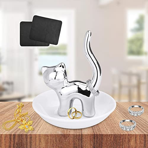RECHCIGA Cat Ring Holder Ceramic Trinket Dish Jewellery Tray Modern Ring Plate Jewellery Holder Cute Cat Earring Dish With 2 Cleaning Cloth For Rings Earrings Jewellery Organizing and Gifts Giving
