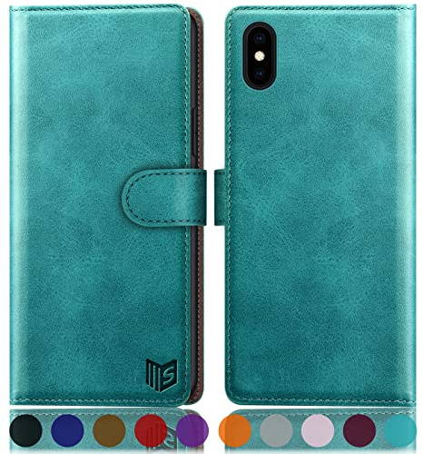 SUANPOT [RFID Schutz für iPhone XS Max 6,5-Zoll Hülle PU Leder Handyhülle Lederhülle Klapphülle Kartenfach Flip Cover für Apple XS Max Handy hülle Leather Wallet Phone Case Blau Grün