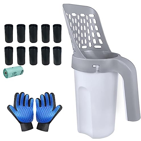 Quaocens Cat Litter Scoop, Litter Scooper with Holder Removable Manure Sieve Scoop, Large Capacity Cat Litter Scooper Comes with 215 Bags and A Pair of Cat Brush for Shedding Gloves.