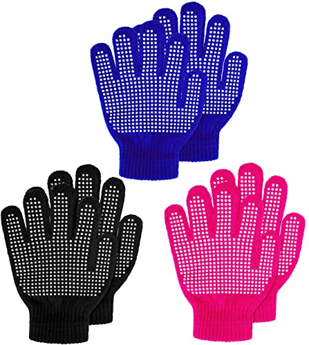 SATINIOR 3 Paar Kinder Anti Rutsch Handschuhe Warme Magische Strickhandschuhe Winter Stretch Vollfinger Handschuhe für Jungen Mädchen (Schwarz, Rosa, Blau)