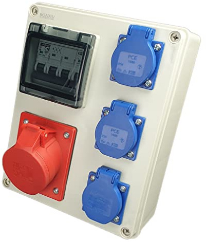 RoadEu - Distributeur de courant 16A 5P Prises CEE, 3x 230V - Distributeur CEE avec disjoncteur C 16A 3P, C16A 1P - Répartiteur de courant de chantier 16A - Distributeur extérieur étanche IP44