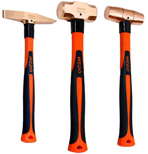 WEDO Lot de 3 marteaux en cuivre avec manche en fibre de verre, marteau de traîneau de 1,4 kg, marteau de type tambour de 0,9 kg, marteau de détartrage de 300 g, résistant à la corrosion
