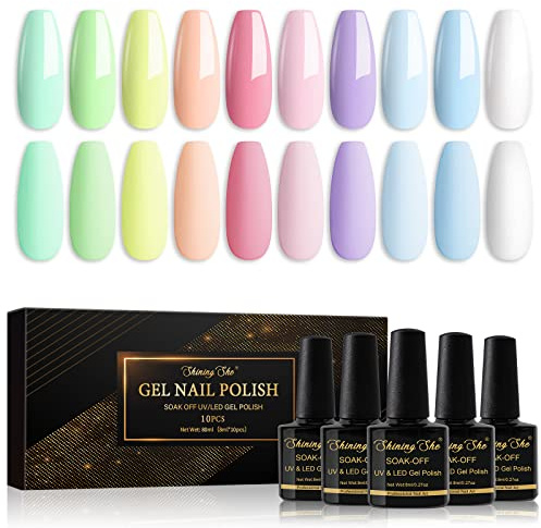 Shining She Smalto Semipermanente Unghie Pastello,Primavera Estate Manicure | 10 Colori Macaron Rosa Verde Giallo Blu Viola Smalti Semipermanenti per Unghie Soak Off UV/LED per Nail Art DIY Salone, 8ml
