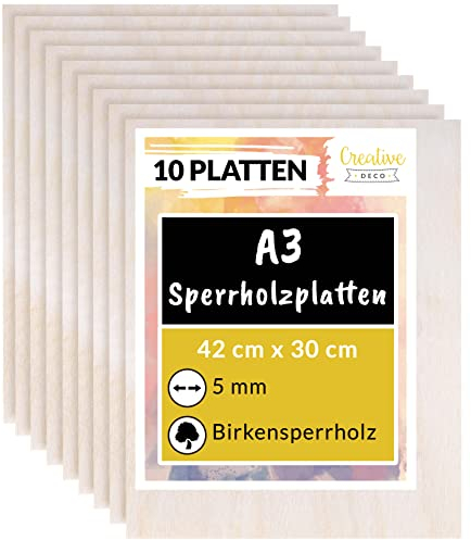 Creative Deco 10 x A3 Sperrholzplatte 5mm Birkensperrholz | 420 x 300 (+/- 2) mm | Dünne Holz-Zuschnitte | Perfektes Blatt für Laubsäge, Brandmalerei, Laserschnitt, CNC Router, Durchbrochenes