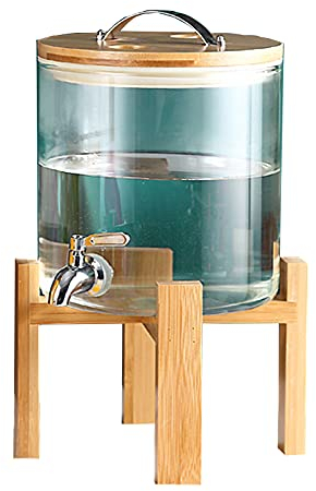 Getränkespender, Getränkespenderglas mit auslaufsicherem Wasserhahn, Getränkespender aus Glas mit Holzständer, Fassgetränkespender für heiße und kalte Getränke auf der Party (Silber 304 Edelstahlhah