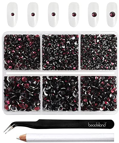 Beadsland 4300pcs Flatback Nail Rhinestones,Burgundy Rhinestones Round Crystal Gems for Crafts,Mixed 6 Sizes with Picking Tweezers and Wax Pencil Kit, SS6-SS20,Amethyst