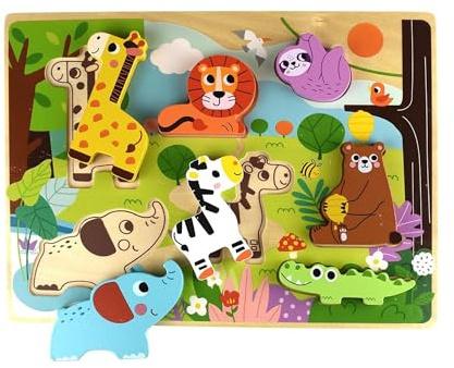 Tooky Toy 3D-barn träpussel djur, 8-delat pusselspel, från 12 månader, färg: brun