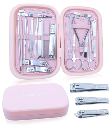 Kit de manucure, pédicure, 24 pièces, coupe-ongles, kit de soins pour homme, étui à ongles, coupe-ongles, en acier inoxydable, sac de voyage portable, en polypropylène, boîte cadeau pour voyage, rose