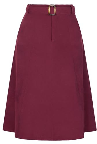 Allegra K Women's High Waist Elastic Back A-Line Belted Midi Corduroy Skirt with Pockets Burgundy S