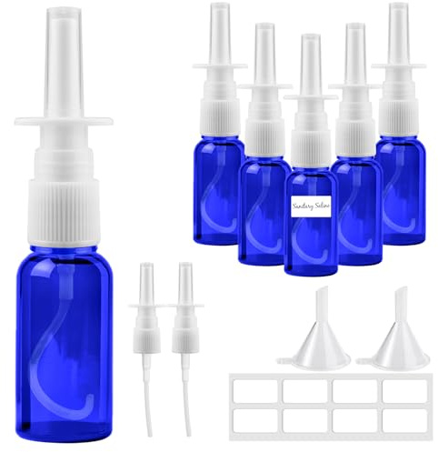 Furuising 6 Piezas 30ml Botellas de Aerosol Nasal, Vidrio Botella de Spray Nasal, Vacía Botellas de Pulverizador con Embudo, Pegatinas, Aspersores para Aceite Esencial Salino