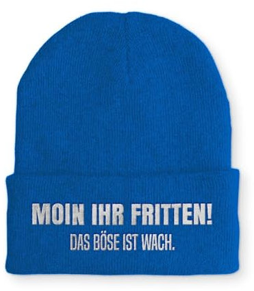 Moin Ihr Fritten! Spruchmütze Strickmütze Wintermütze lustige Beanie mit Stick OneSize Mütze, Farbe: Blau