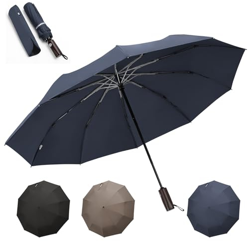 bohunono Kompakter Reise-Regenschirm für Regen, winddicht, faltbarer Regenschirm für Rucksack mit Holzgriff, 10 Rippen, automatisches Öffnen, Schließen, tragbar, schwer, groß für Männer, Frauen, FUB