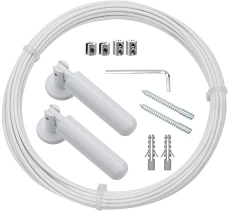 Risbay Wall Mount Curtain Wire Rod Set,5m/16.4ft Adjustable Curtain Drape Wire Rod Set,Stainless Steel Wall Decor Picture Hanging Kit for Tapestry, Crafts Art Display-White