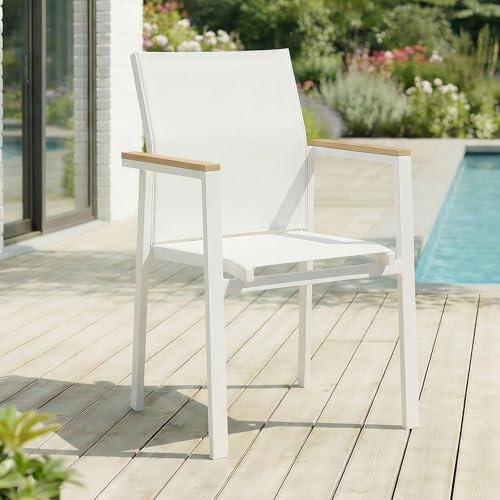 IDIMEX Gartenstuhl Windy 6er Set, Weiß/Natur, robuste Terrassenmöbel, strapazierfähig, Outdoor geeignet. Luftdurchlässiges Netzmaterial, wetterfest, ideal für Balkon und Garten.