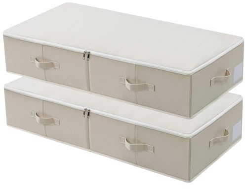 Vikbar förvaringslåda för undersäng med plaststöd, filtkläder, tröster, förvaringsbehållare, arrangör för sovrum och skåp, 90 × 42 × 18 cm, beige, 2 st