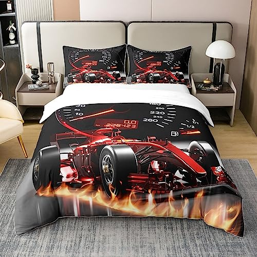 Loussiesd Sportwagen Bettwäsche Formula Rennwagen 100% Baumwolle Bettwäsche Set 135x200cm für Kinder Jungen Mädchen Extreme Sports Theme Cool Speed Rot Dekor Bettbezug Set 2Stück Reißverschluss