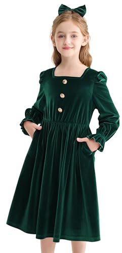 Rolanko Vestito in Velluto per Ragazze con Tasche Maniche Lunghe a Sbuffo Linea Ad A Maxi Abito Invernale con Fiocco per Capelli per Festa di Natale e Compleanno