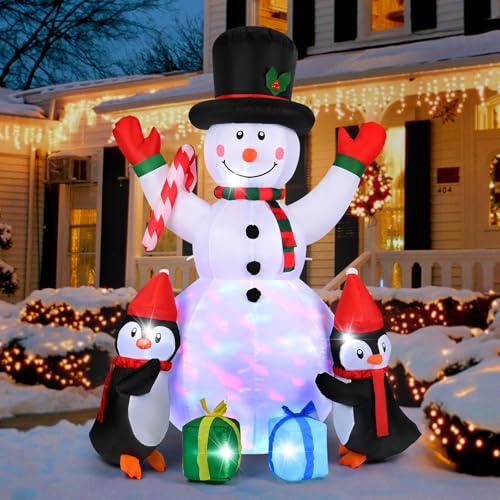 GuKKK 180CM Weihnachtsaufblasbares Schneemann Aufblasbares mit Pinguinen Rotierenden LED Lichtern Garten, Rasen, Innen Schneeball Schlauchboote Drinnen Draußen Schneemann Weihnachtsdekorationen