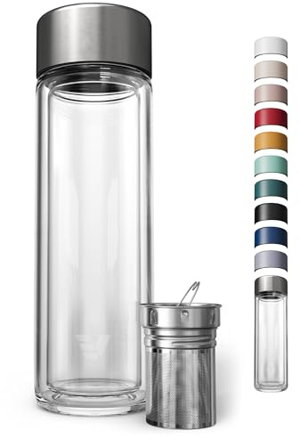 EVER VESSEL Glass Multi Tea Infuser Bottle 14oz - Double Wall Borosilicate Glass Flask | No Plastic Touches Contents | Perfect for Office or Home - Stainless