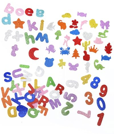 KGDUYC 121 Stück Moosgummi Buchstaben Selbstklebende Aufkleber - Glitzer Zahlen Großbuchstaben Tier Aufkleber,Zahlen Aufkleber Alphabet Stern Herz Deko für Schulkind Schulanfang Einschulung