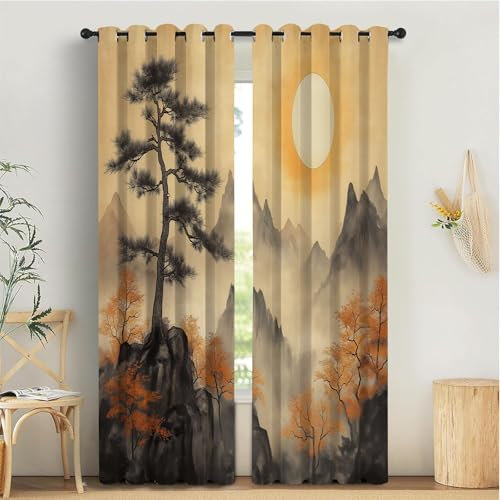 TDNEKMCA Thermovorhang kälteschutz Vorhang Blickdicht, Vintage BergkieferH225 x B140 cm(2er Pack), Gardinen Wohnzimmer Gardinen mit Ösen Verdunkelungsvorhang Schallschutz Vorhang