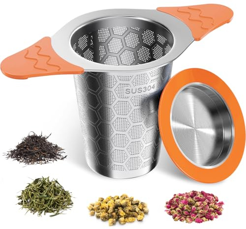 yomanta infusor de te 304 Acero Inoxidable, Coladores de té para té suelto, Con tapa y asa de silicona resistente al calor, Apto para teteras, tazas de té y tazas - Naranja