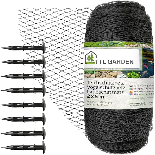 TTL GARDEN 2 x 5m Teichnetz 30g/m² schwarz engmaschig 12x12mm Masche - | starkes Vogelschutznetz mit 8 Bodenanker HDPE Poolnetz Obstbaumnetz Gartennetz Vogelabwehr Netz reißfest dehnbar robust