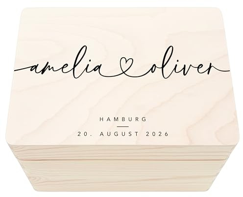 Erinnerungsbox Hochzeit personalisiert mit Namen und Herz | Personalisiert, massives Holz, 30 x 20 x 13 cm, Holzkiste mit Herz, Hochzeitsgeschenk für Brautpaar