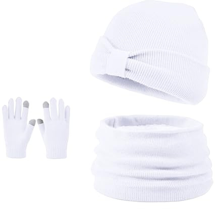 Enwokran 3 Stück Kinder Wintermützen Handschuhe Schal Set Beanie Mütze Knoten-Bogen Warme Gestrickte Touchscreen-Handschuhe Loop Schlauchschal für Jungen Mädchen 3-8 Jahre Outdoor Aktivitäten