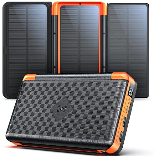 63200mAh Solar Power Bank, Wireless Powerbank mit 3 Solarpanel Faltbar, 22.5W PD Schnellladung, 5 Anschlüsse, 5 Ausgängen, Flashlight, Display, Solar Akku Powerbank Groß für Camping Outdoor (Orange) | Schnellladung, 5 Anschlüsse, 5 Ausgängen, Flashlight, Display, Solar Akku Powerbank Groß für Camping Outdoor