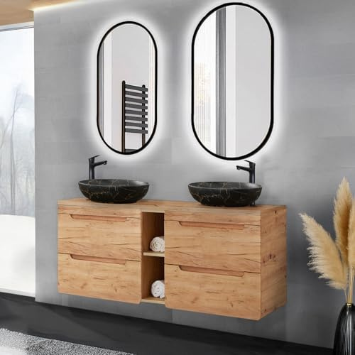 Lomadox Badmöbel-Set 3-teilig mit Doppelwaschtisch 140 cm Keramik Aufsatzwaschbecken LED-Spiegel in Wotan Eiche modern
