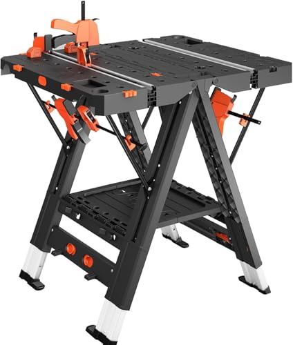 Anyyion Work Bench,2-in-1 Folding Work Table and Sawhorse, 31 W x 25 D x 28”-31 H,Easy Setup Portable Workbench, 4pcs Clamps, 2pcs Bench Dogs
