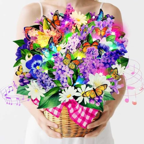 Geburtstagskarte für Frau, 3D Veilchen & Schmetterlings Geburtstagskarte mit Musik und Licht, Pop-up Happy Birthday Singende Karte Geburtstag für Mädchen, Frauen, Mutter, Ehefrau, Tochter, Enkelin