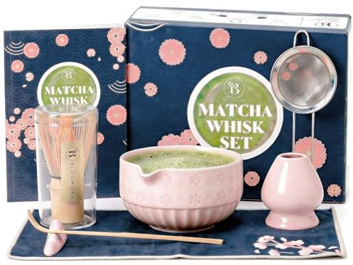 Matcha Kit – Matcha Set con Ciotola in Ceramica, Frusta in Bambù, Cucchiaio, Setaccio, Poggia Cucchiaio, Supporto per Frusta, Panno + Manuale – Kit Tradizionale per Cerimonia del Tè Giapponese