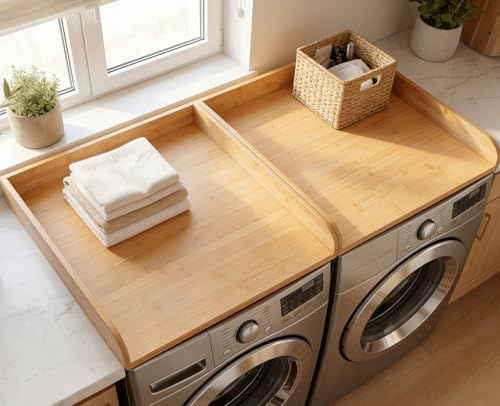 UTCG Washer Dryer Countertop Wooden: Washer and Dryer Shelf Top Cover 27.5x54 Inch No-Installation Countertop Set of 2 - Generation Farmhouse Homeowners & Laundry Room Organization - Bamboo