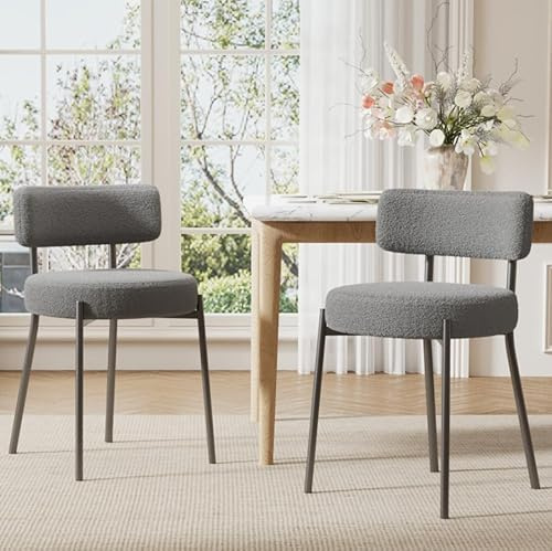 Ckaff Esszimmerstühle 2er Set, Küchenstuhl Stühle Esszimmer mit Rückenlehne und Metallbeinen, Gepolsterte Runde Boucle Stühle aus Teddy Stoff, Dining Chairs für Esszimmer Wohnzimmer Schlafzimmer, Grau