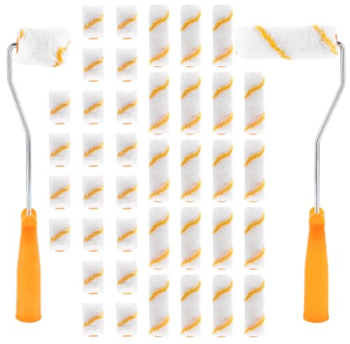 Ghligna 20 Stück 10.0×3.5cm Farbroller und 20 Stück 5.0x3.5cm Paint Roller, 2 Stück 30cm Rollengriffe, Weiße Polyester mit gelben Streifen Malerrolle, Farbwalze Klein für Fassadenfarbe, Home Deko
