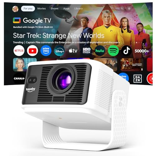Proyector【Google TV & 4K Support & 50000+ Apps】 700 ANSI Proyector Portátil | Corrección Automática de Pantalla, HDR10+, 1080P Native Res AI Voice Assistant Altavoces, Dobles de 10W Audio 3D Blanco