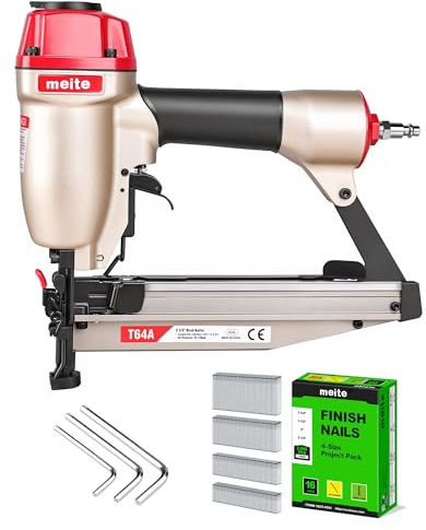 meite T64A Pneumatic 16G Finish Nail Gun with 4 Sizes 16G Nails 2000PCS | 16G Nail Gun Fits 32–64mm 16 Gauge Straight Nails, Safety Switch Lock, Quick-Release Nose, Depth Adjust for Woodworking