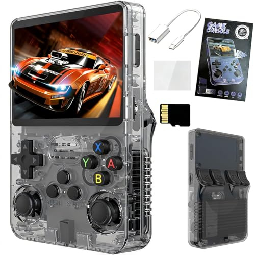 R36S handheld games console, preloaded with over 20,000 retro games, supports multiple emulators, portable retro games console, 3.5-inch IPS screen. (Transparent Black)