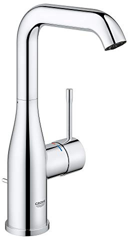 GROHE Essence, Waschtischarmatur hoch, wassersparend (Wasserhahn für das Bad, mit Zugstangen-Ablauf, 24cm hoch, langlebige Oberfläche, einfache Installation am Waschbecken), edelsthal, 32628DC1