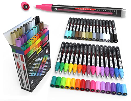 TOOLI-ART Acrylfarben-Marker-Set Essential Color Series für Felsmalerei Leinwand Kunststoff Metall Glasfarbe Stoff Holz Ungiftig schnell trocknende acrylstifte für steine wasserfest 30 EXTRA FINE