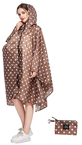Womens Rain Poncho Stylish Polyester Waterproof Raincoat Free Size with Hood Zipper (Coffee Dots)
