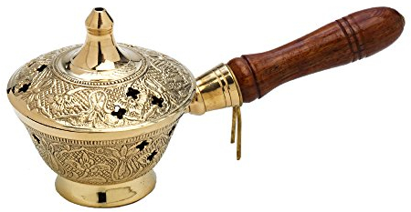 NKlaus Räucherpfännchen mit Holzgriff für Weihrauch Räucherwerk Räuchermischung Räuchergefäß Messing Gold massiv Handarbeit Dekoration Esoterik Weihrauchbrenner 7538