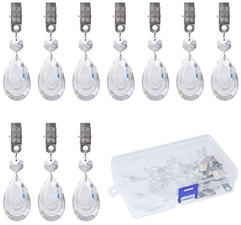 Swpeet 10Pcs Water-Drop Tablecloth Weights with 10Pcs Metal Clip Kit, Crystal Glass Teardrop Prisms Pendant Tablecloth Weights for Picnic Tables, Square, Rectangular, Home Decoration, Outdoor