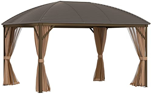 Outsunny Pavillon mit Hardtop, 4x3 m Wasserdicht Stabil Winterfest Gartenpavillon mit Moskitonetz, Haken, Seitenteile, Bogendach, Garten-Pavillon aus Aluminium, für Garten, Terrasse, Braun
