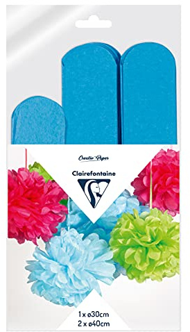 Clairefontaine 395457C Set mit 3 Pompons Seidenpapier, Ø 30cm x1 + Ø 40cm x2, ideal für Deko und Bastelprojekte, 1 Set, Petrol