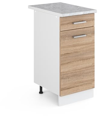 Vicco Küchenunterschrank R-Line, Sonoma, 40 cm | 1 Schublade · AP Marmor inkl. · Höhenverstellbare Füße · ✓ Leichter Zugriff · ✓ Frei kombinierbar