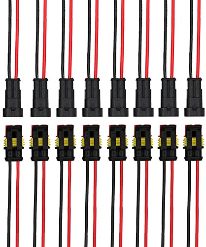 QitinDasen 8 Set 2 Stift Bil Vattentät Elektrisk Kontakter, Förseglad Vattentät Elektrisk Kontakt Plugg Uttag Kit med 16 AWG Förkopplade, för Bil Lastbil Båt